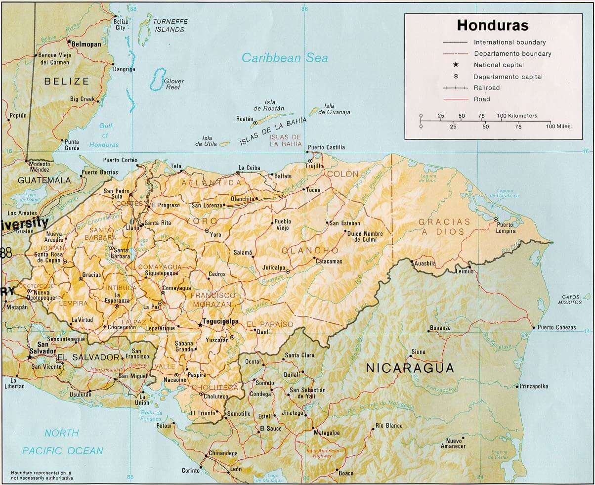 Physical Map of Honduras